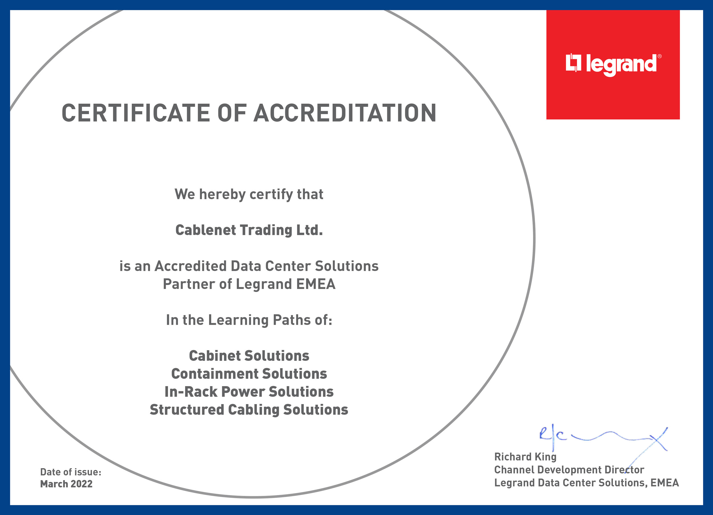 Legrand Data Center Solutions Certificate