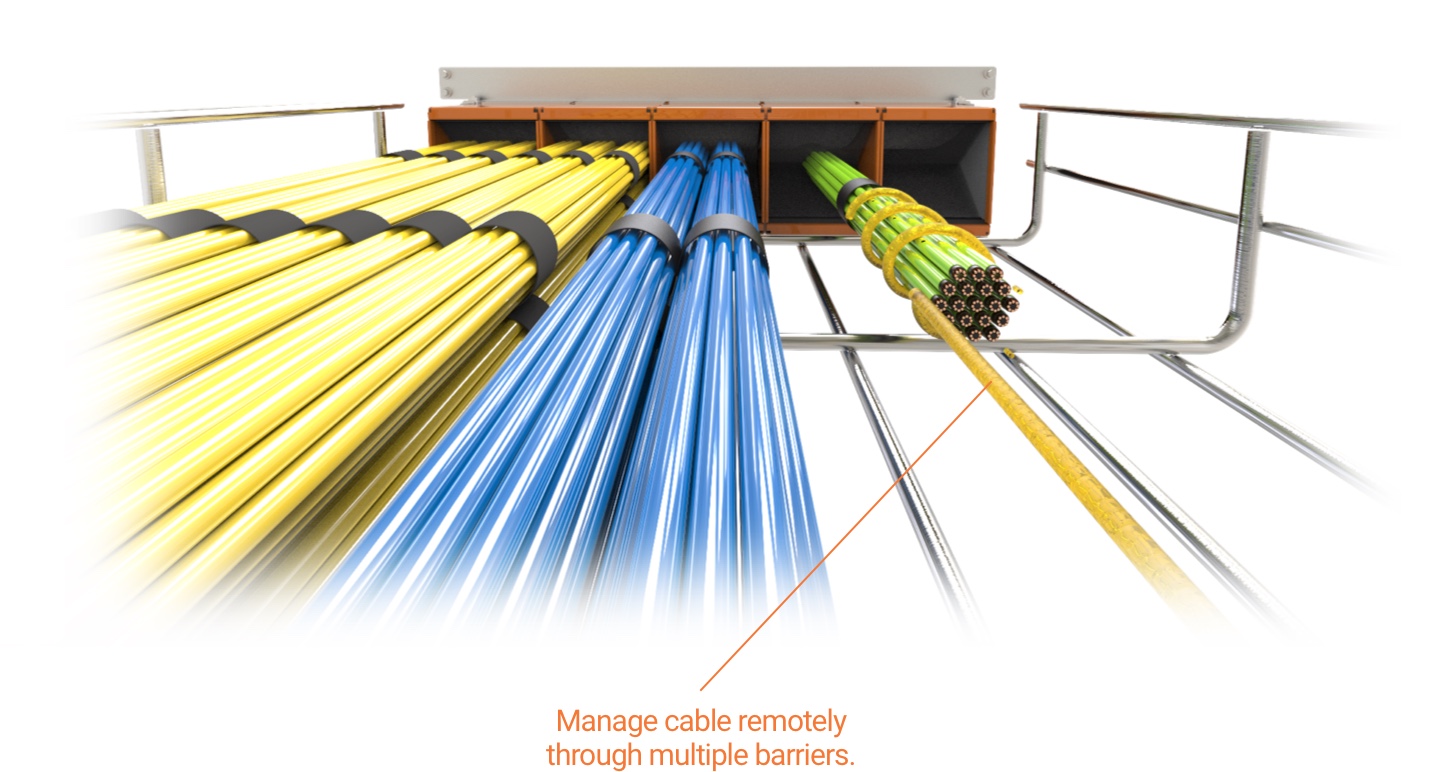 Graphic showing perspective view of cables in basket tray with bundle of cables being pulled through device
