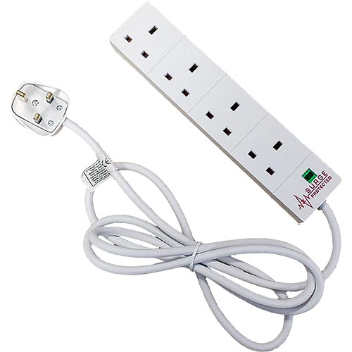 4 Way UK White (13Amp) Surge Protected Power Strip with 2m Lead