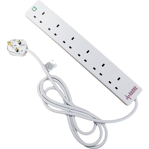 6 Way UK White (13Amp) Surge Protected Power Strip with 2m Lead