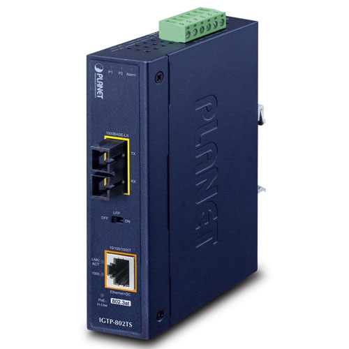 1000BASE-LX to 10/100/1000BASE-T 802.3at PoE+ Industrial Media Converter (SC,SM)