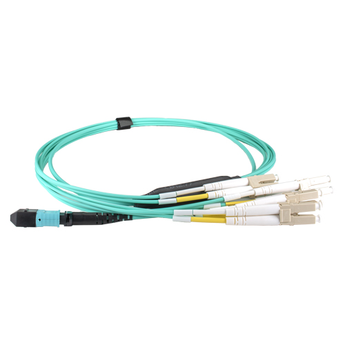 5m OM4 BASE-12 MTP (f) to 4X LC (DX) Breakout Aqua CPR Cable Method B
