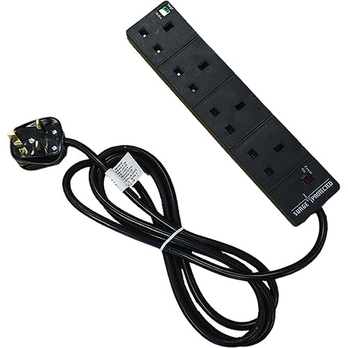 4 Way UK Black (13Amp) Surge Protected Power Strip with 10m Lead