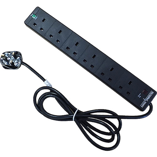 6 Way UK Black (13Amp) Surge Protected Power Strip with 10m Lead