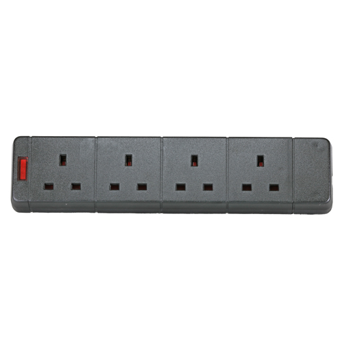 4 Way UK Black (13Amp) Trailing Extension Rewireable