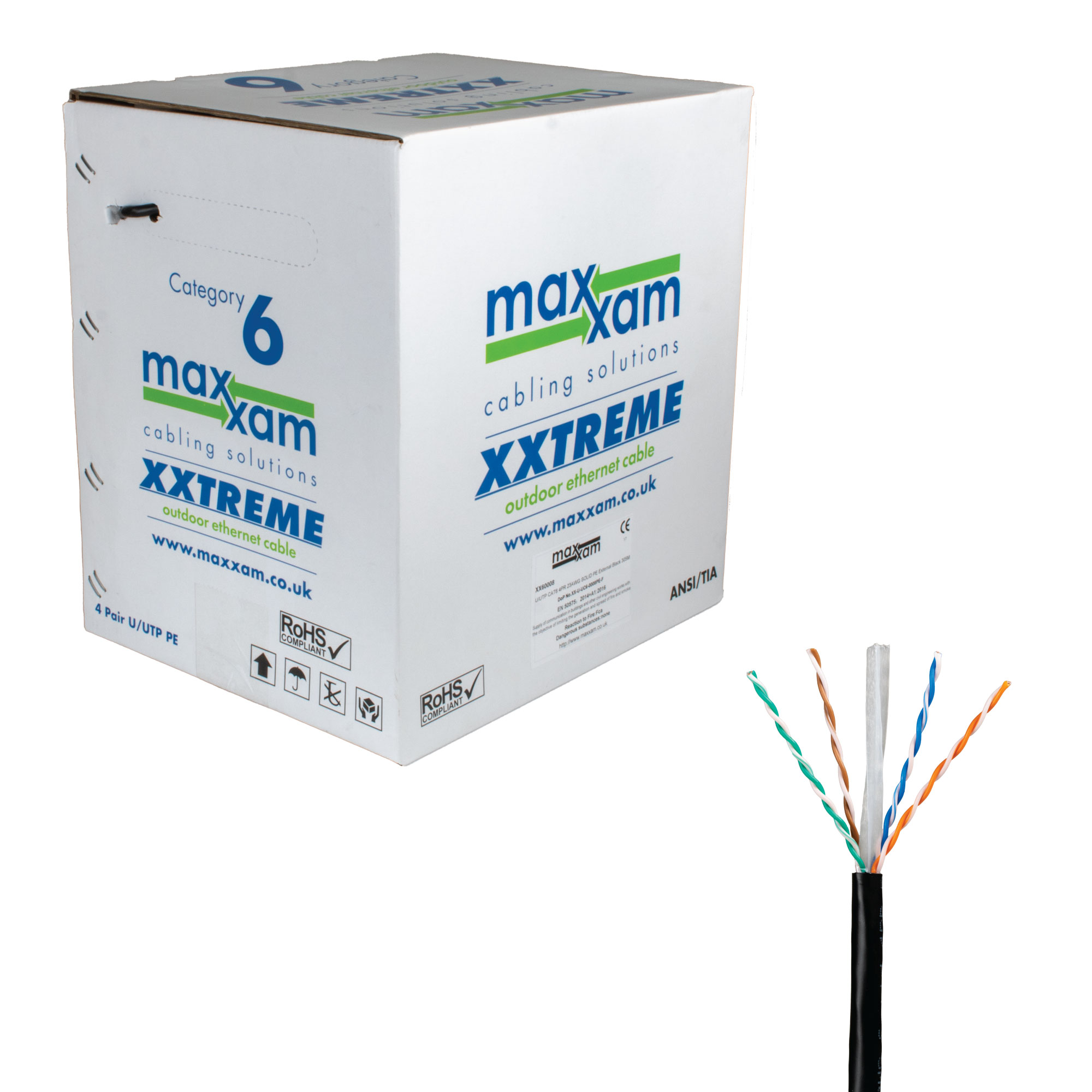 Cat6 Black U/UTP Maxxam XXtreme Outdoor 23AWG Solid Cable 305m Reel in Box