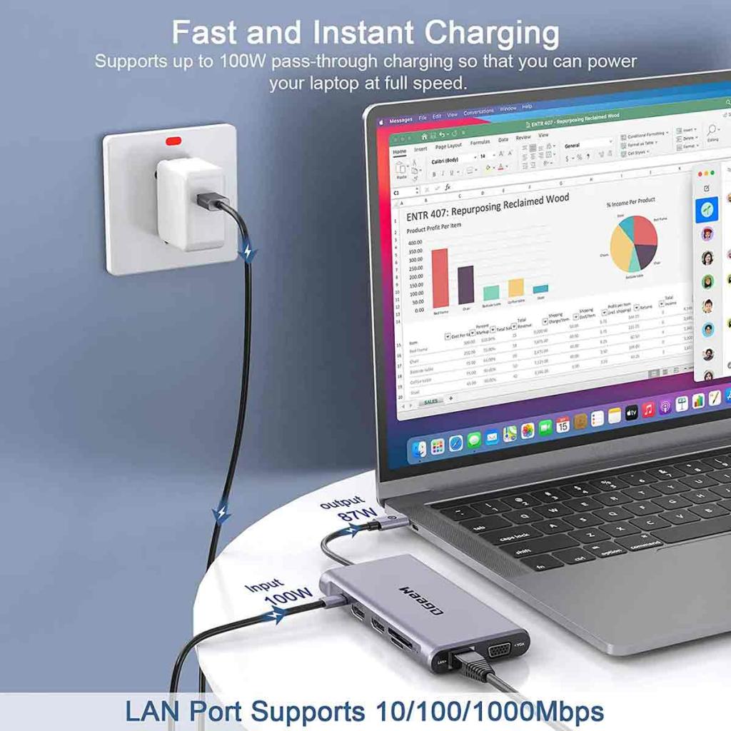 laptop with docking station that provides fast charging and stable network
