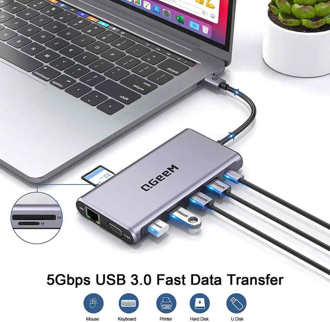 laptop with a docking station that support 5Gbps USB 3.0 fast data transfer